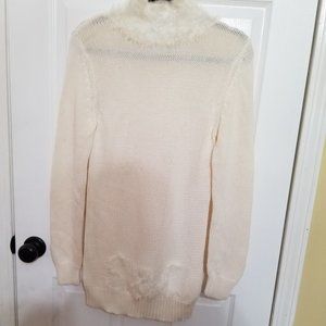 Simon Chang Ivory Cotton Faux Fur Tunic Sweater.